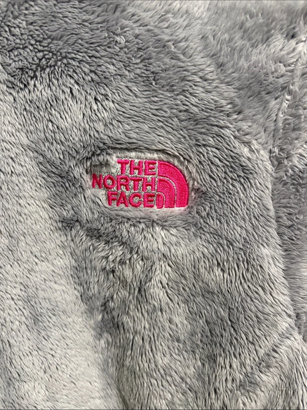 The North Face Light Gray Fuzzy Full-Zip Jacket with Pink Accents size medium